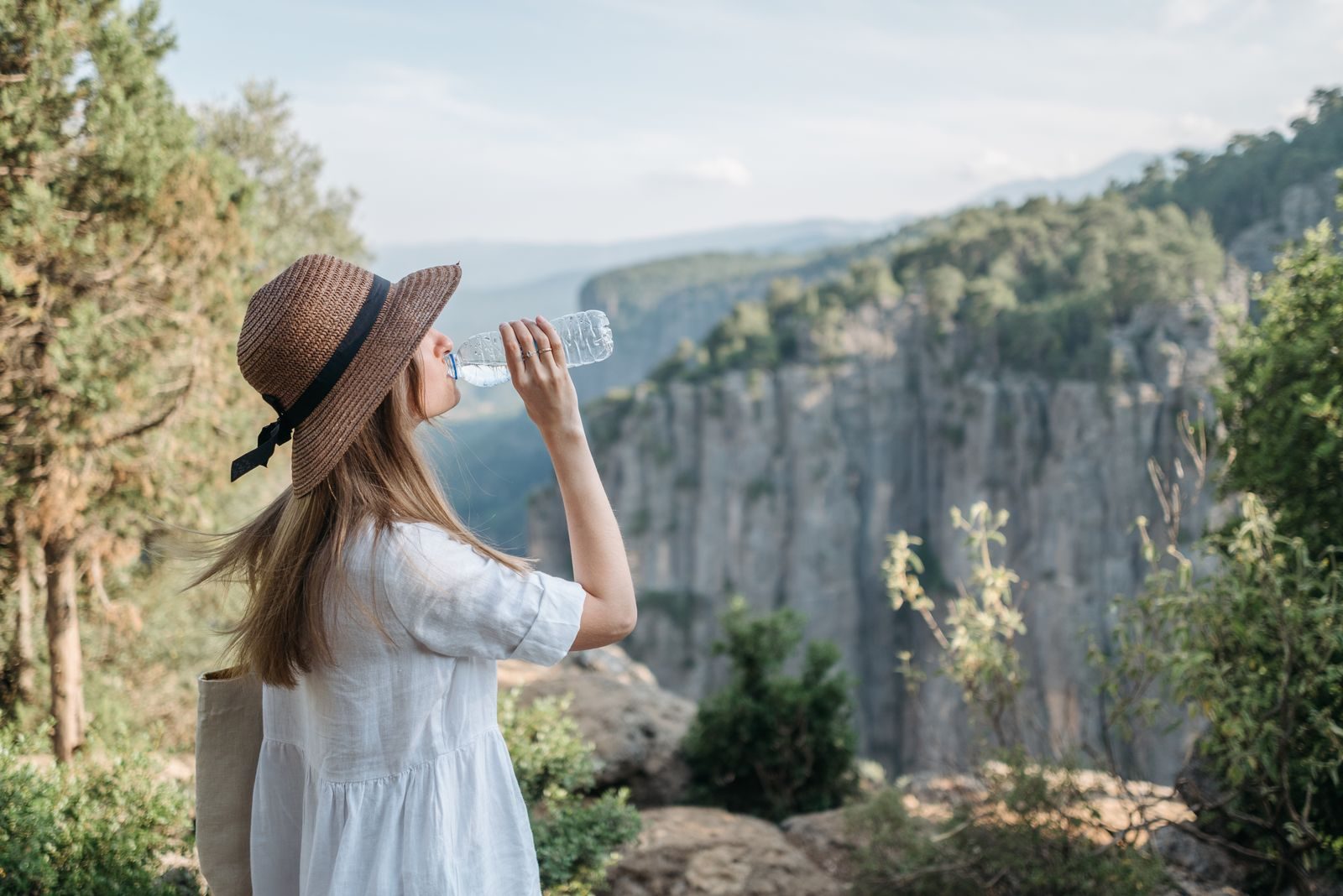 A hiker drinking water on a hot, sunny overlook